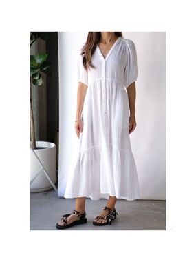 Xirena White Lennox Dress Tiered Midi Puff Sleeve Cotton Gauze Women's Size XS